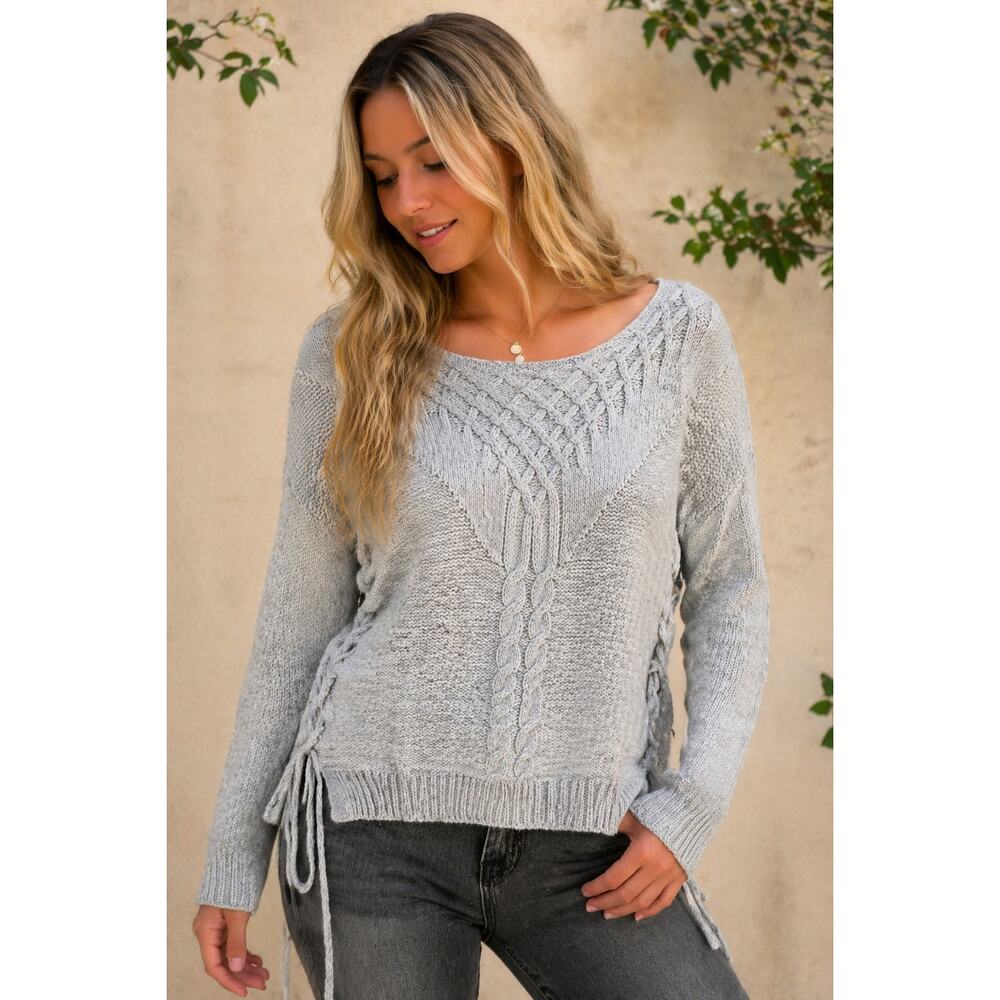 Freshman Cable Knit Sweater Gray Lace-Up S Cozy Boho